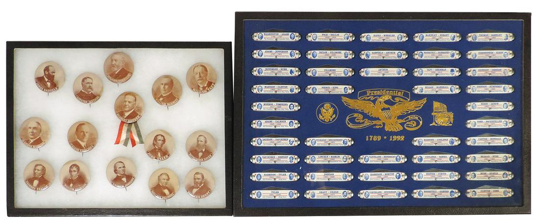 Political Buttons & Knives, set of 15 political pinback premiums of various presidents from Tyler to: Political Buttons & Knives, set of 15 political pinback premiums of various presidents from Tyler to Hoover, c1930s & complete set of 42 pocket knives in fitted case representing each president from 1
