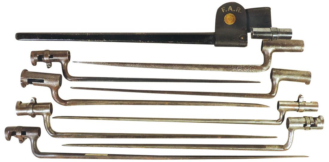 Militaria Socket Bayonets (9), 7 diff types: US Civil War British M1853 w/sheath & leather hanger: Militaria Socket Bayonets (9), 7 diff types: US Civil War British M1853 w/sheath & leather hanger initialed F.A.R., Afghan Kyber Pass, 2 British pattern 1853, Springfield 1807, US M1816 & others not i