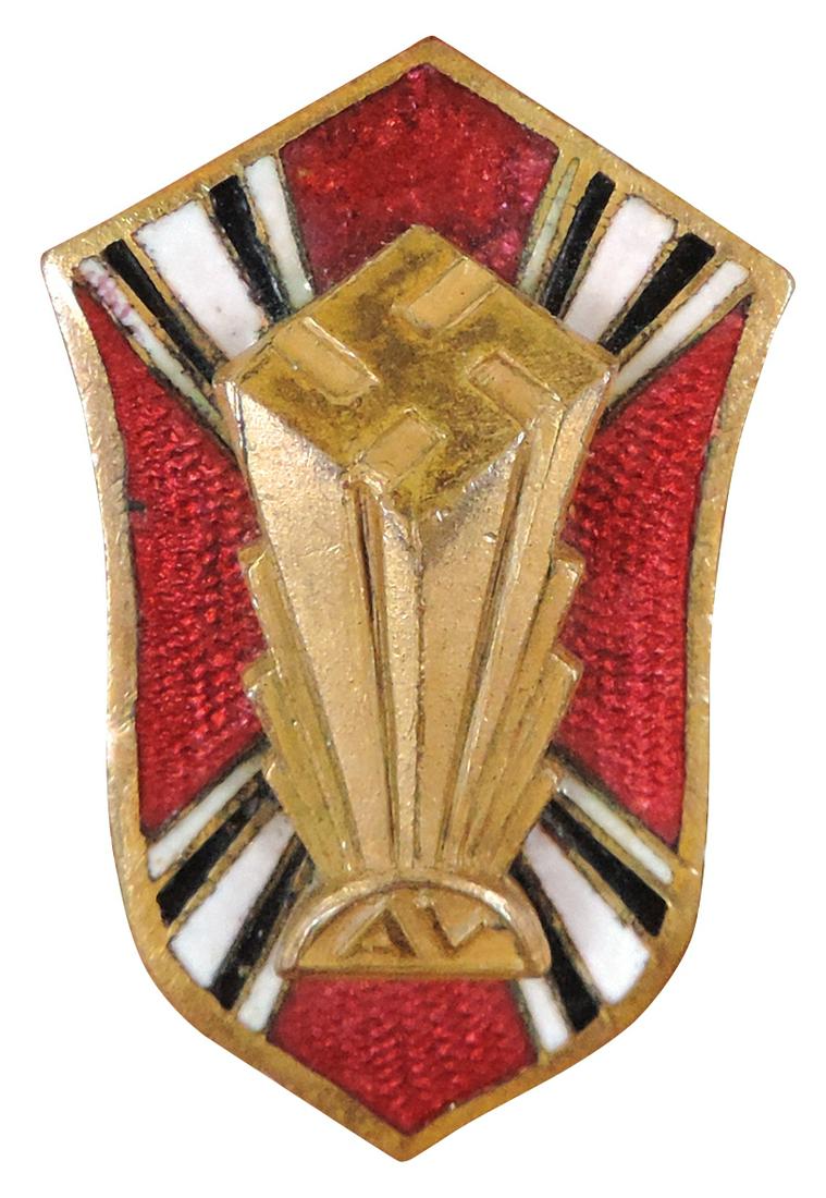 Militaria American Frauenschaft Badge of the German American Bund, Rare 1930's membership badge in: Militaria American Frauenschaft Badge of the German American Bund, Rare 1930's membership badge in bronze w/red, white & blue enamels w/rising swastika in bronze, below are letters "AV" for the German