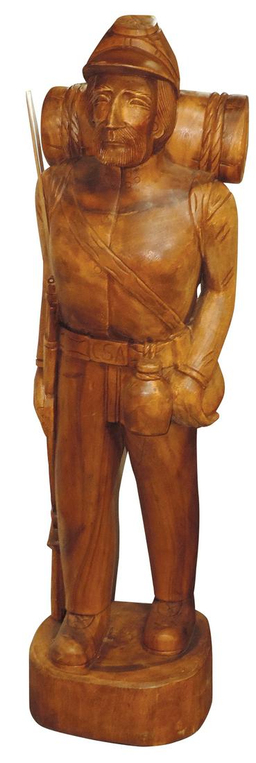 Militaria Folk Art Sculpture of Confederate Soldier, mahogany, fully carved in the round, Exc cond: Militaria Folk Art Sculpture of Confederate Soldier, mahogany, fully carved in the round, Exc cond 48"H x 13"W x 11"D.