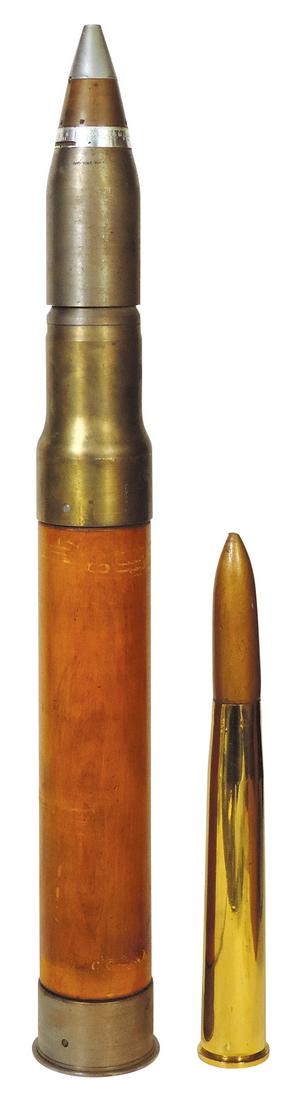 Militaria Naval Artillery Training Shells (2), WWII era, larger turned wood & brass w/dummy fuse,: Militaria Naval Artillery Training Shells (2), WWII era, larger turned wood & brass w/dummy fuse, other 40mm brass casing w/wood projectile, VG cond, larger 33"L.