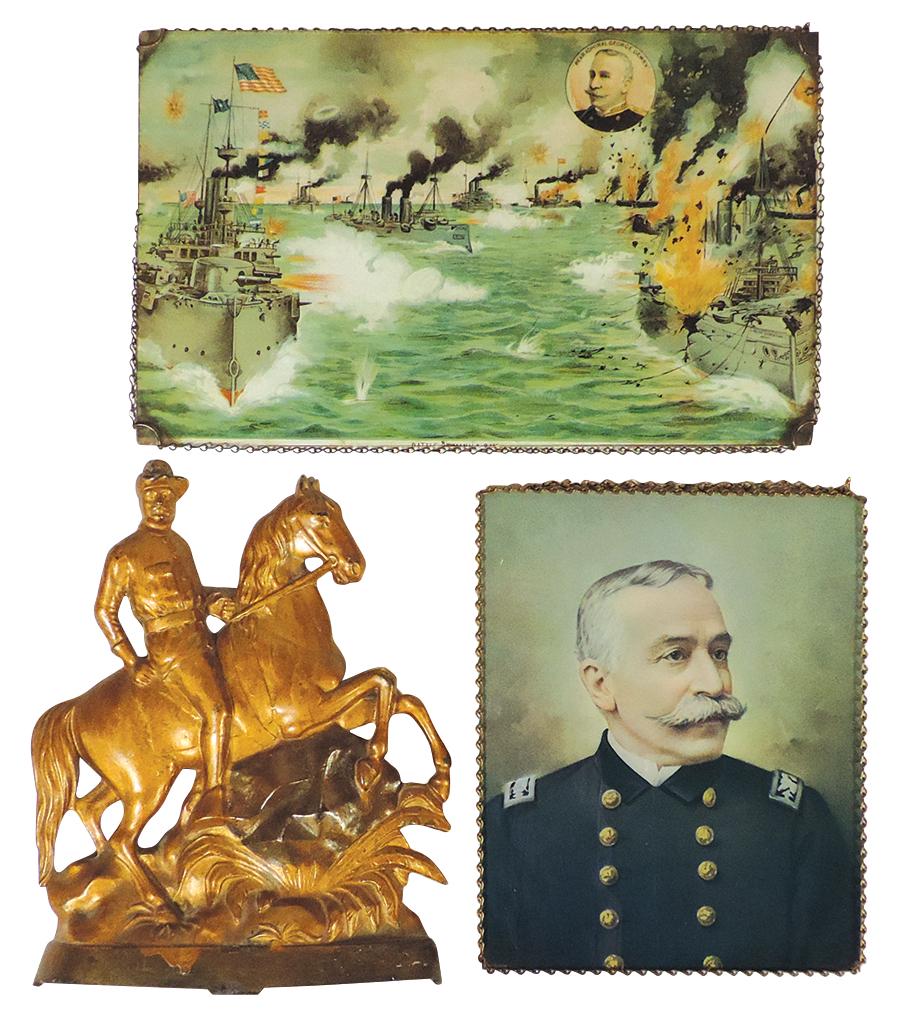 Militaria Doorstop & Prints (3), Spanish American War Teddy Roosevelt Rough Rider cast iron doorstop: Militaria Doorstop & Prints (3), Spanish American War Teddy Roosevelt Rough Rider cast iron doorstop pat. 1898 & 2 glazed chain frame prints for Admiral Dewey & Battle of Manila Bay, most VG cond (fra