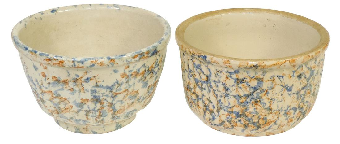 Stoneware Advertising Bowls (2), Red Wing spongeware, paneled A.W. Hildebrand-Sheboygan, Wis &: Stoneware Advertising Bowls (2), Red Wing spongeware, paneled A.W. Hildebrand-Sheboygan, Wis & ribbed B.J. Dodge & Co.-Poynette, Wis, both Exc cond, larger 7.5"Dia.
