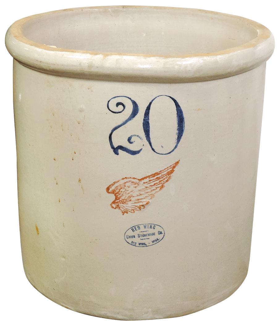 Stoneware Crock, Red Wing 20-gal w/large wing, mfgd by Union Stoneware Co.-Red Wing, Minn, Exc cond: Stoneware Crock, Red Wing 20-gal w/large wing, mfgd by Union Stoneware Co.-Red Wing, Minn, Exc cond w/minor chip inside rim, 20"H x 20.5"Dia.