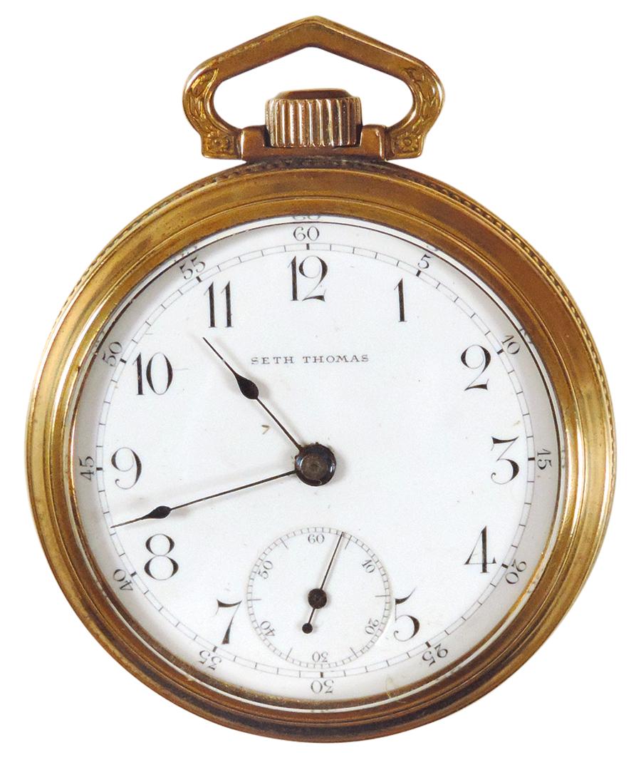 Railroad Watch, Seth Thomas-Thomaston, Conn., stem wind, lever set, 15 jewels, #710159, Illinois: Railroad Watch, Seth Thomas-Thomaston, Conn., stem wind, lever set, 15 jewels, #710159, Illinois Watch Case Co. #0175190 w/engraved locomotive on reverse, dial & case Exc cond, runs intermittently.