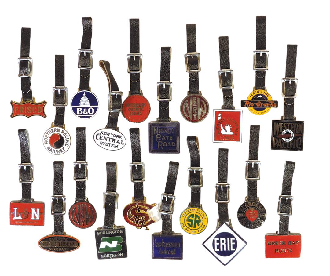 Railroad Watch Fob Collection (20), enameled fobs w/leather straps for variety of railroads, mostly: Railroad Watch Fob Collection (20), enameled fobs w/leather straps for variety of railroads, mostly different, noting 2 N&W RR, stamped "Classic Issue", Exc+ Unused cond, 5.25"L.