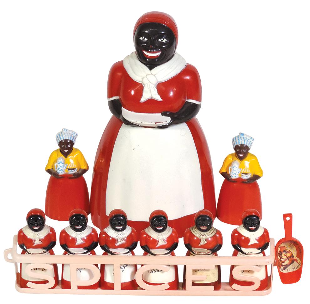 Black Americana Plastic Mammy Containers (5), F&F cookie jar, 6 spice jars in holder, yellow blouse: Black Americana Plastic Mammy Containers (5), F&F cookie jar, 6 spice jars in holder, yellow blouse S&P & Aunt Jemima breakfast club scoop, VG to Exc cond, largest 11.5".