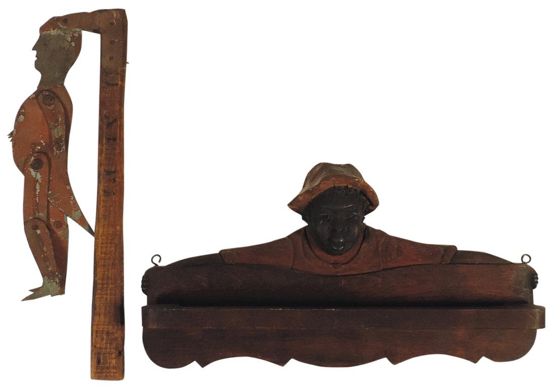 Black Americana Folk Art (2), well carved wood figural tie rack w/Black Boy face in deep relief & an: Black Americana Folk Art (2), well carved wood figural tie rack w/Black Boy face in deep relief & an early tin jigger, Exc & Good+ cond, larger 15.5"L.