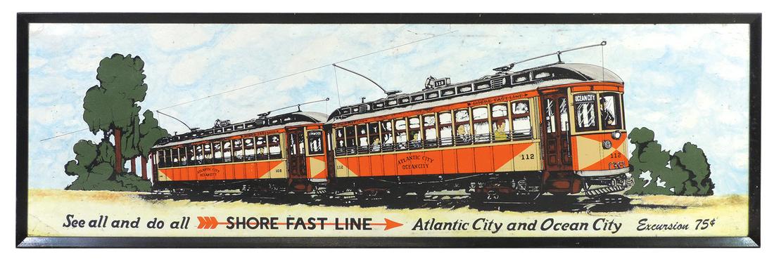 Railroad Shore Fast Line Sign, litho on cdbd for Atlantic City & Ocean City, c.1939, great colorful: Railroad Shore Fast Line Sign, litho on cdbd for Atlantic City & Ocean City, c.1939, great colorful graphic, VG+ cond w/few medium surface breaks, minor spotting & stains, later wood frame, 16"H x 51"