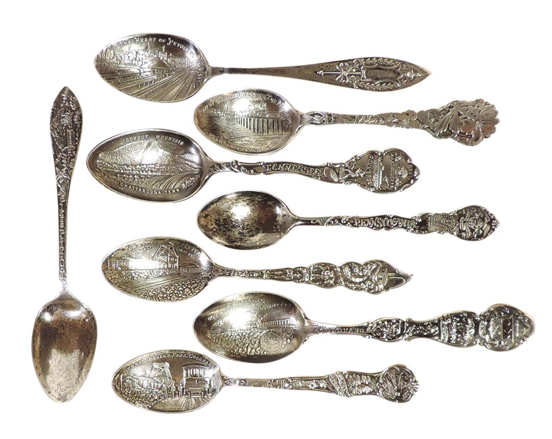 Railroad Sterling Souvenir Spoons (8), all w/train related scenes or themes, 4 different Pikes Peak,: Railroad Sterling Souvenir Spoons (8), all w/train related scenes or themes, 4 different Pikes Peak, The first engine crossing the Missouri at Chamberlain S.D., The heart of Petoskey Depot scene, Tenn