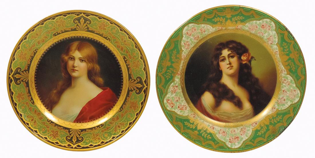 Breweriana Art Plate, Anheuser-Busch's Malt Nutrine, beautiful brunette in low-cut dress, pat'd 1905: Breweriana Art Plate, Anheuser-Busch's Malt Nutrine, beautiful brunette in low-cut dress, pat'd 1905 & Dresden Art Plate No. 2-Viola w/advertising from Zwick's Dry Goods-Oxford, Ohio on back, both col