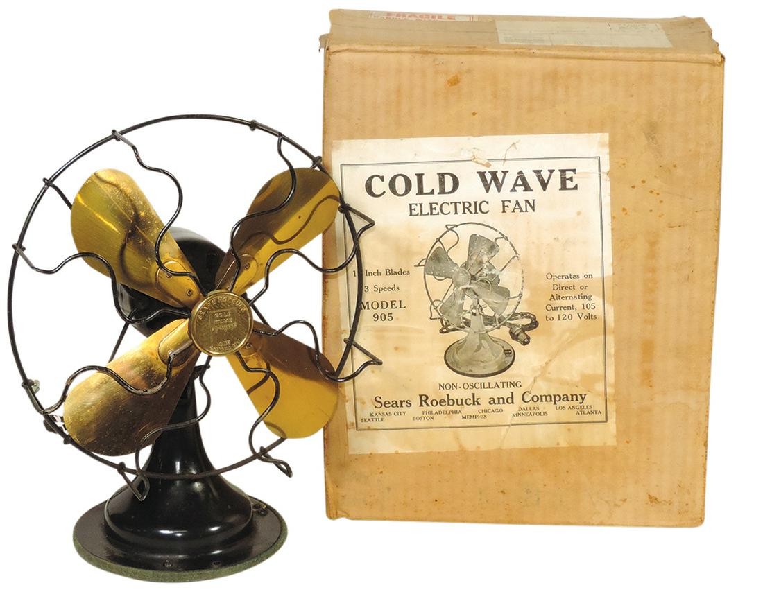 Electric Fan, Cold Wave Brass Blade mfgd by Sears Roebuck, Mod. 905, 3-speed non-oscillating in orig: Electric Fan, Cold Wave Brass Blade mfgd by Sears Roebuck, Mod. 905, 3-speed non-oscillating in orig box, Exc+ working cond, 16"H x 14"Dia.