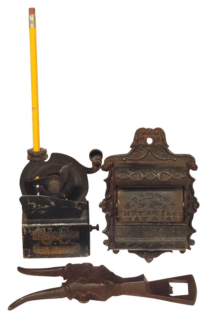Desk Items (3), automatic pencil sharpener, G. Parker embossed iron match holder, & steer head: Desk Items (3), automatic pencil sharpener, G. Parker embossed iron match holder, & steer head bottle opener, Good+ to better cond, largest 7"L.