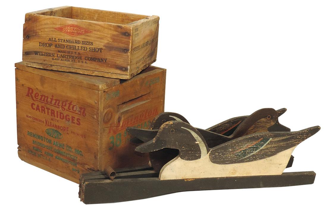 Decoys & Firearms (3), painted wood folding 3-duck silhouette, Remington .38 special & Western air: Decoys & Firearms (3), painted wood folding 3-duck silhouette, Remington .38 special & Western air rifle shot wood boxes, VG cond, largest 21"L.