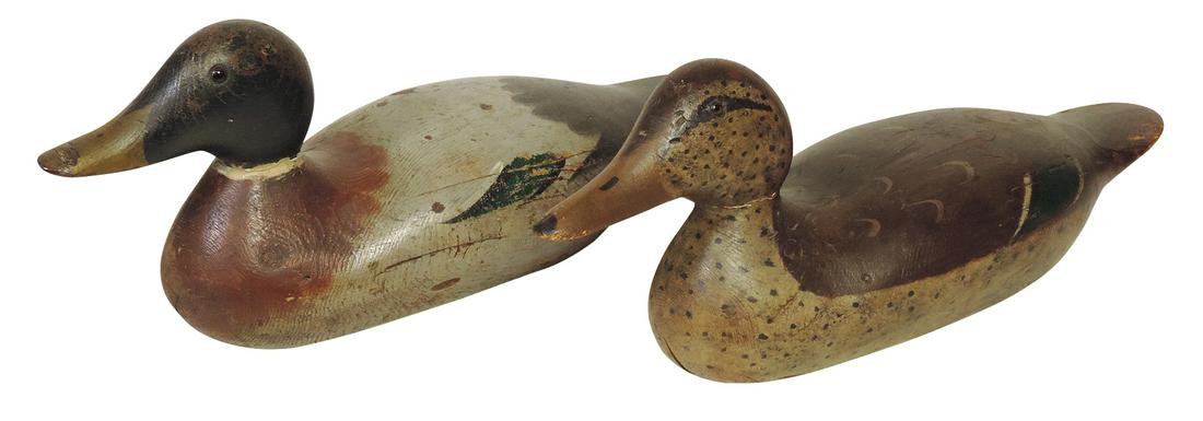 Decoys (2), carved & painted wood Mallard Drake & green wing Teal w/glass eyes, probably by Mason,: Decoys (2), carved & painted wood Mallard Drake & green wing Teal w/glass eyes, probably by Mason, VG cond, 15.75"L.