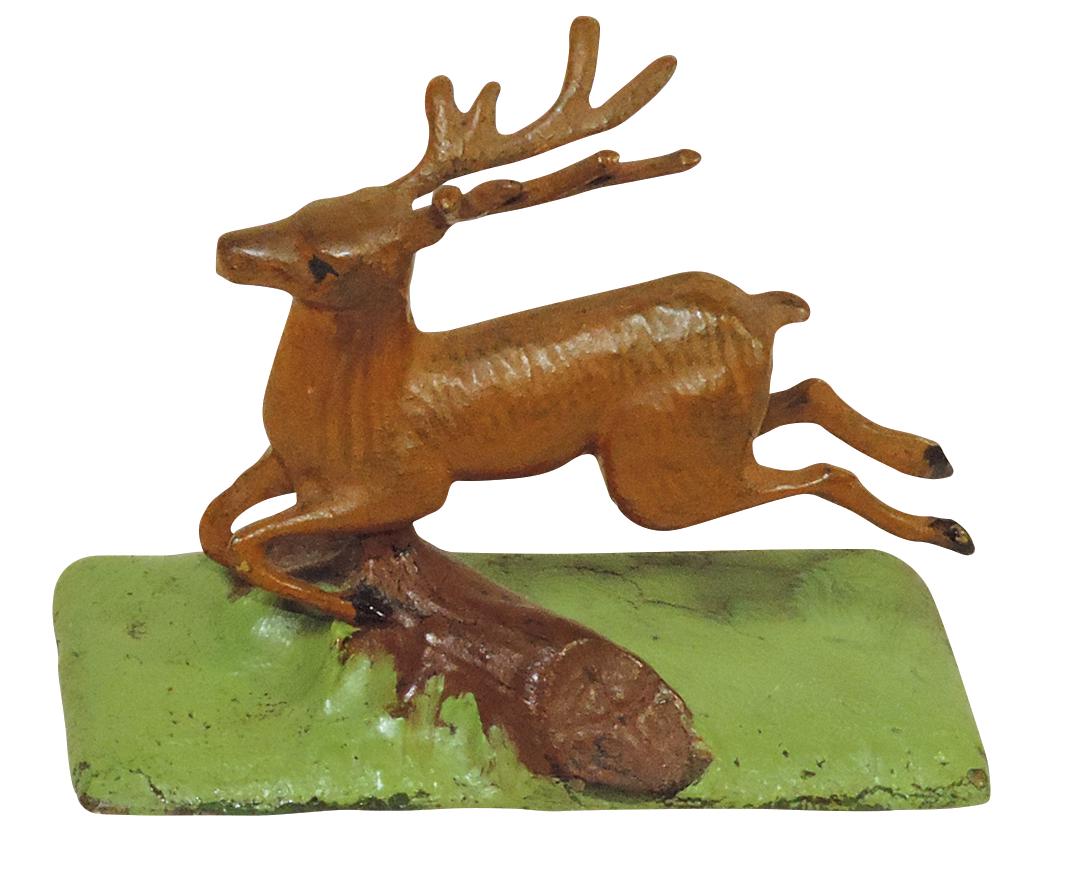 John Deere Paperweight, polychrome cast iron leaping stag, embossed John Deere on base, Exc cond: John Deere Paperweight, polychrome cast iron leaping stag, embossed John Deere on base, Exc cond w/nice old paint, 3"H x 4"W.