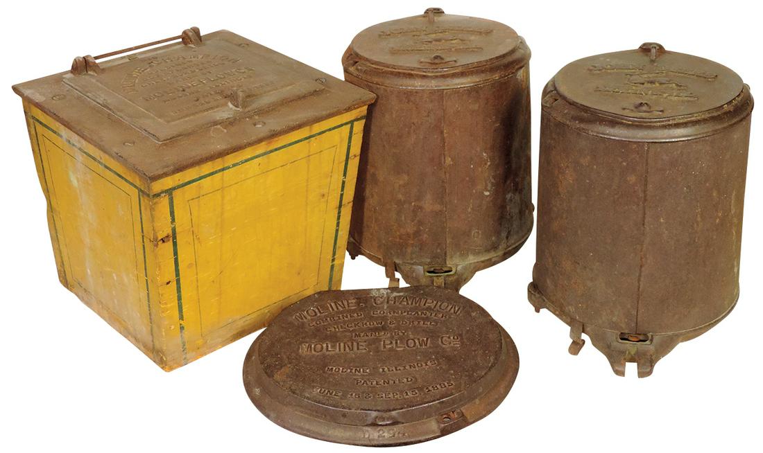 John Deere Seed Planter Boxes (4), Moline Champion wood w/cast cover, oval Moline Champion cast iron: John Deere Seed Planter Boxes (4), Moline Champion wood w/cast cover, oval Moline Champion cast iron cover & 2 steel boxes w/cast running stag covers, Good to VG cond, largest 9"H x 10.5"Sq.