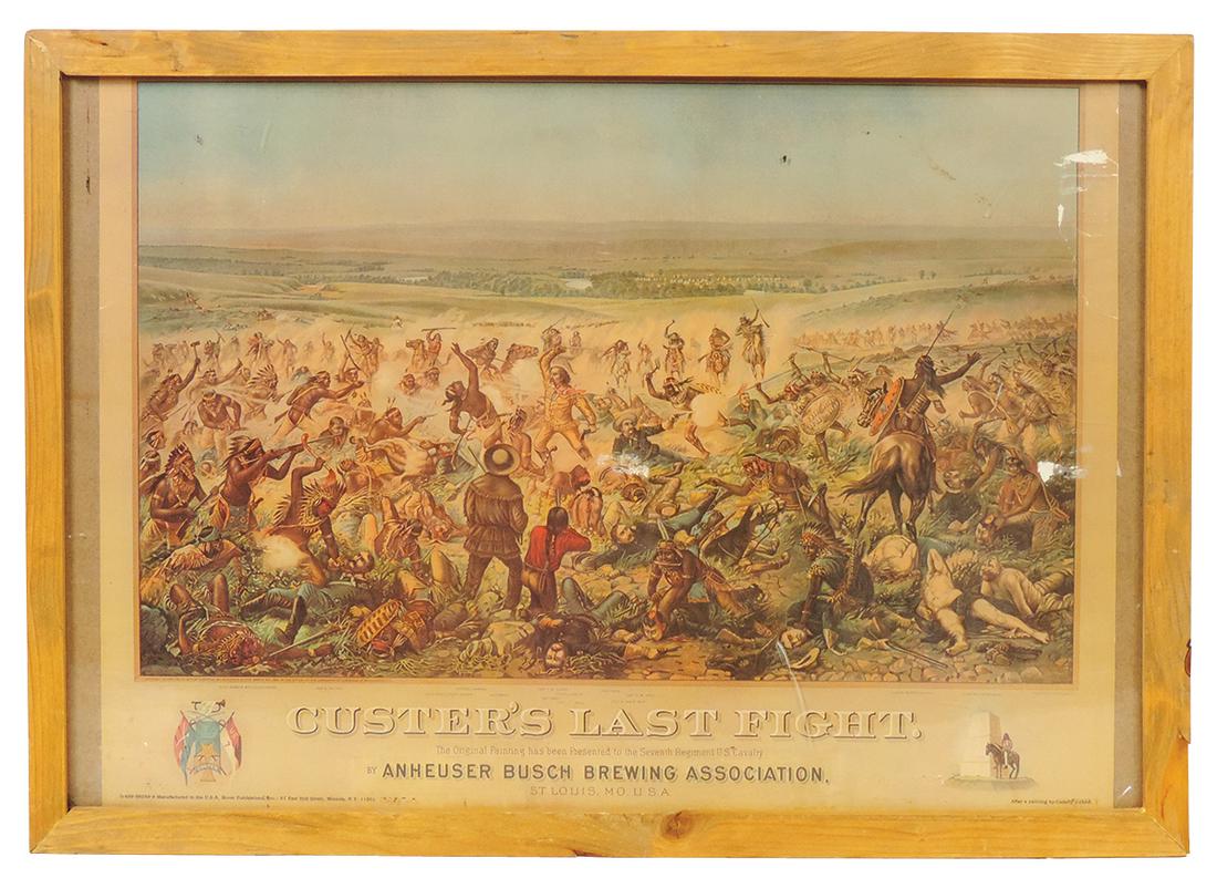 Breweriana Print, Custer's Last Fight color litho for Anheuser Busch after the orig, framed w/some: Breweriana Print, Custer's Last Fight color litho for Anheuser Busch after the orig, framed w/some surface losses, Good cond, 23.5"H x 33"W.