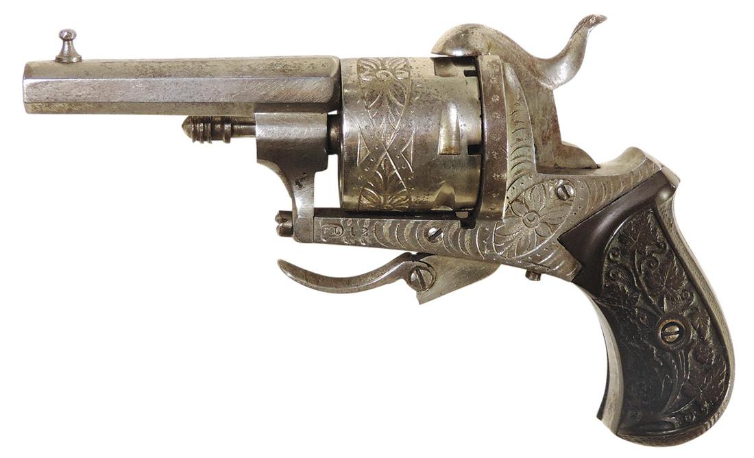 Firearm, Pin-Fire 7mm Pocket Revolver, Belgium nickel plate 2.5" barrel, dbl action w/folding: Firearm, Pin-Fire 7mm Pocket Revolver, Belgium nickel plate 2.5" barrel, dbl action w/folding trigger, carved gutta percha grips & engraved cylinder, c.1890. VG+ cond & working action (weak spring) w/