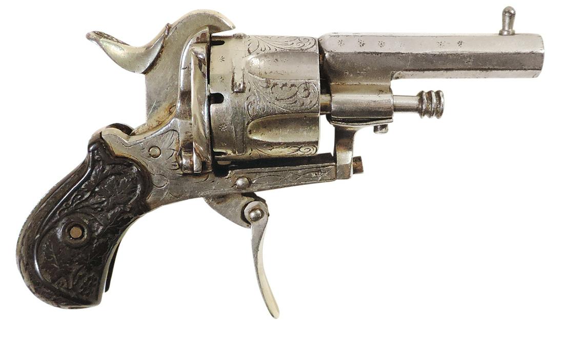 Firearm, Pin-Fire 7mm Pocket Revolver, Belgium nickel plate 2" barrel, dbl action w/folding trigger: Firearm, Pin-Fire 7mm Pocket Revolver, Belgium nickel plate 2" barrel, dbl action w/folding trigger & carved gutta percha grips, c.1890, VG working cond w/some wear, 5"L.