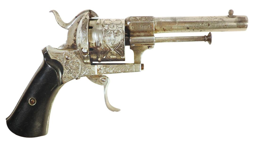 Firearm, Pinfire 9mm Pocket Revolver, French Lefaucheux (Acier Fondu) 9mm nickel plate 4" barrel,: Firearm, Pinfire 9mm Pocket Revolver, French Lefaucheux (Acier Fondu) 9mm nickel plate 4" barrel, dbl action w/folding trigger, engraved cylinder & frame, black gutta percha grips, c.1890, VG working 