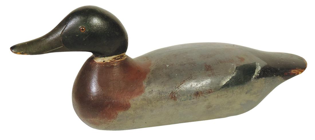 Decoy, Mallard Drake, carved & polychrome wood w/bill details & glass eyes, likely by Mason, VG cond: Decoy, Mallard Drake, carved & polychrome wood w/bill details & glass eyes, likely by Mason, VG cond w/some wear, 16.5"L.