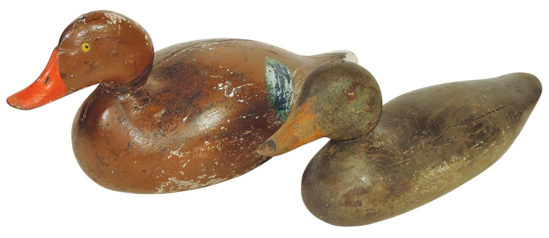 Duck Decoys (2), Mallard hens w/glass eyes, 1 attrib to Evans & other to Mason, Good to VG cond: Duck Decoys (2), Mallard hens w/glass eyes, 1 attrib to Evans & other to Mason, Good to VG cond w/wear, larger 15"L.