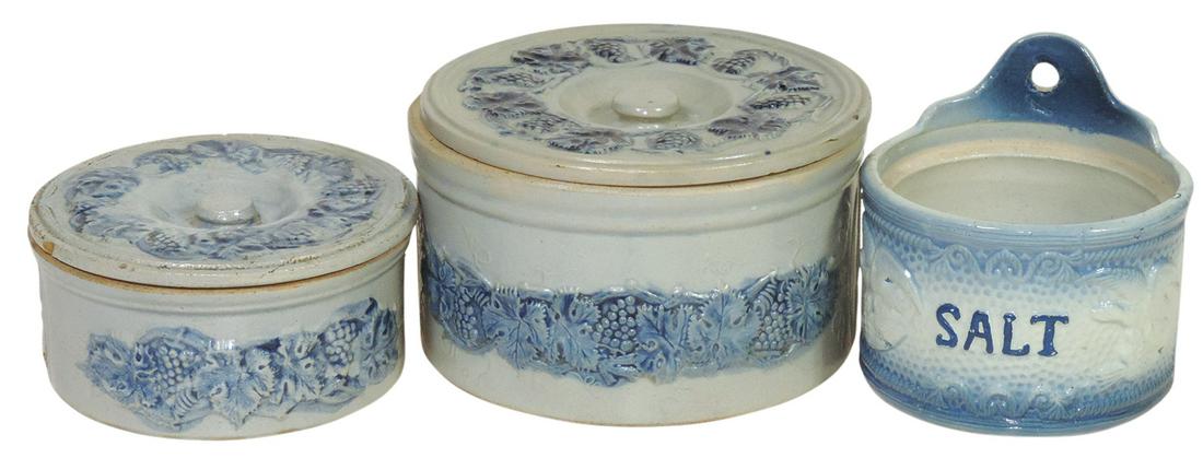 Stoneware (3), Blue and Gray Decorated Containers, 2 covered pantry jars w/embossed grape leaves,: Stoneware (3), Blue and Gray Decorated Containers, 2 covered pantry jars w/embossed grape leaves, mfgd by Robinson Clay Products-Akron, OH & salt crock w/embossed Eagle & Union shield, 1st 2 VG+ w/cou