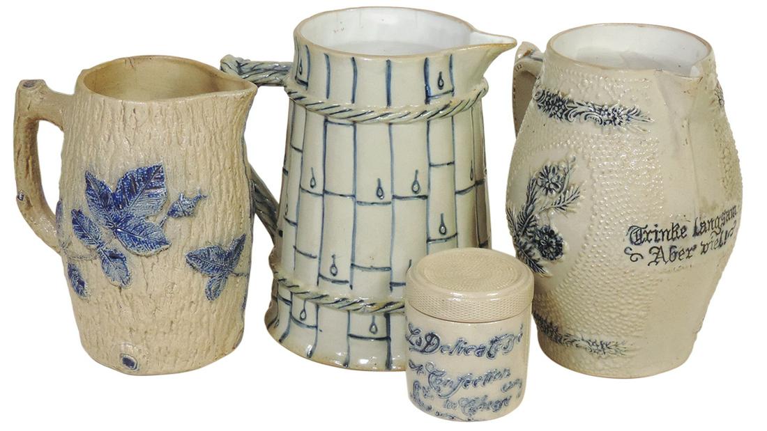 Stoneware (4), Blue Decorated Salt Glaze Kitchenware, 3 pitchers (1 w/embossed Tyrolean musician, 1: Stoneware (4), Blue Decorated Salt Glaze Kitchenware, 3 pitchers (1 w/embossed Tyrolean musician, 1 w/embossed edelweiss & motto & 1 w/bamboo pattern) & embossed cheese jar, VG to Exc cond (1st w/chip