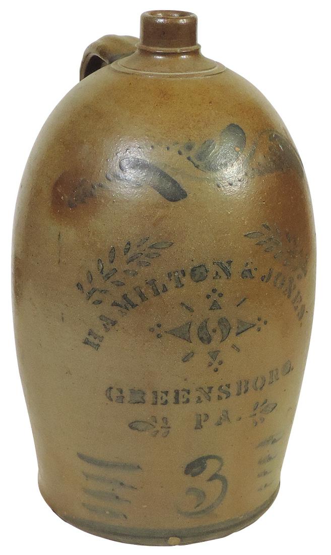 Stoneware, Salt Glazed 3-Gal Jug, beehive w/cobalt stenciling & decoration for Hamilton &: Stoneware, Salt Glazed 3-Gal Jug, beehive w/cobalt stenciling & decoration for Hamilton & Jones-Greensboro, PA, VG cond w/sm chip on base, 16"H.