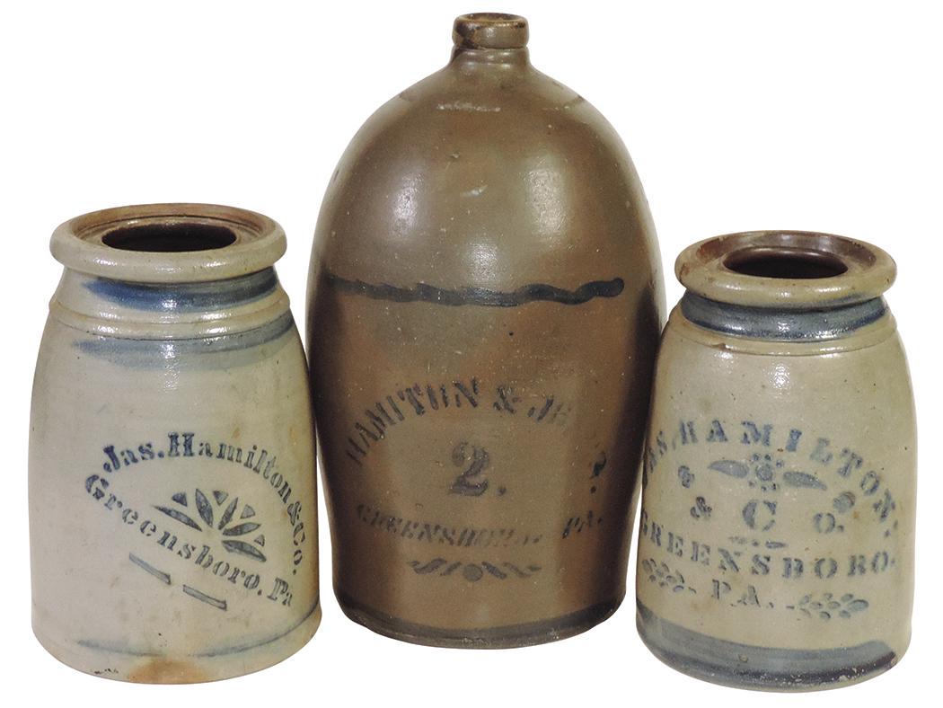 Stoneware Salt Glazed Jug & Jars (3), 2-gal beehive jug marked Hamilton & Jones & 2 wax-seal jars: Stoneware Salt Glazed Jug & Jars (3), 2-gal beehive jug marked Hamilton & Jones & 2 wax-seal jars marked Jas Hamilton, all Greensboro, PA, 1 jar w/sm chip on base o/wise Exc cond, largest 14.25"H.