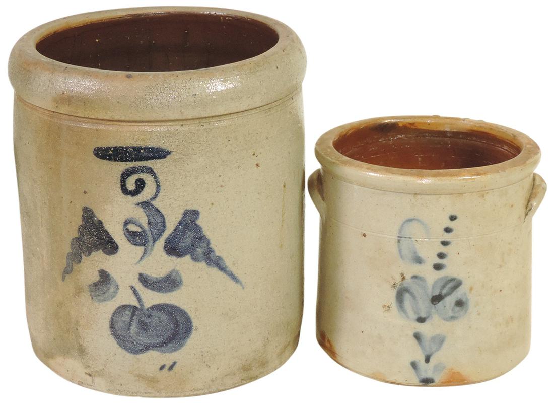 Stoneware (2), Salt Glazed Decorated Crocks, 3-gal w/apple & 1-gal w/flowers, both unmarked, Exc: Stoneware (2), Salt Glazed Decorated Crocks, 3-gal w/apple & 1-gal w/flowers, both unmarked, Exc cond, larger 11"H.