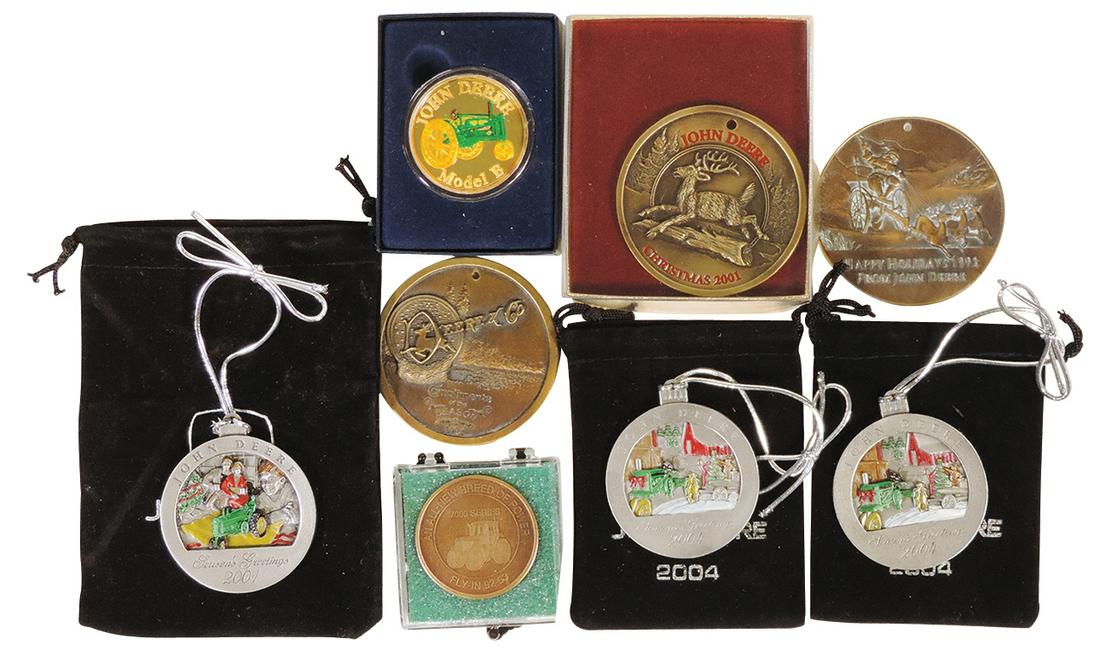 John Deere Medallions (8), Model B 1 t oz enameled silver; 3 pewter ornament/medals (2001 & 2-2004);: John Deere Medallions (8), Model B 1 t oz enameled silver; 3 pewter ornament/medals (2001 & 2-2004); 3 bronze Christmas ornaments (1993, 1994 & 2001) & 92-93 Fly-In medal, Exc cond, largest 2.5"Dia.