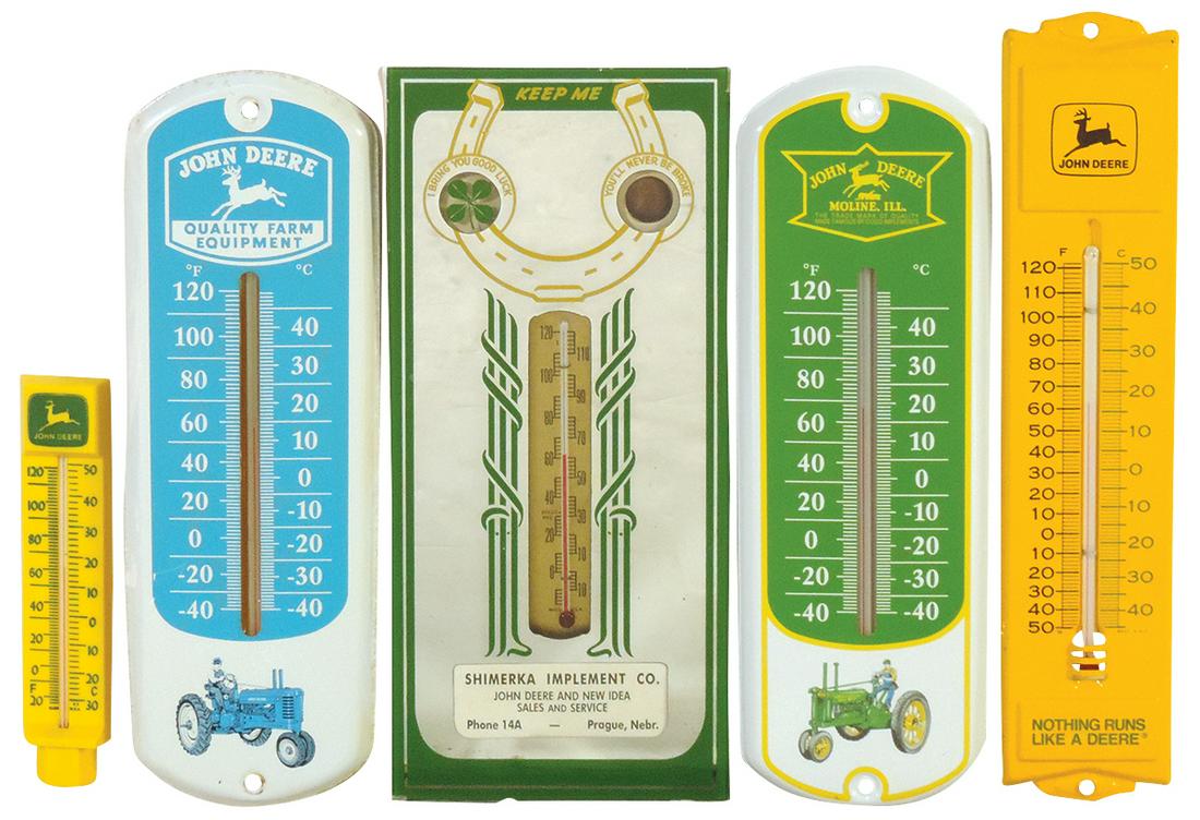 John Deere Thermometers (5), vintage mirrored Shimerka Implement Co. w/shamrock & 1957 penny, yellow: John Deere Thermometers (5), vintage mirrored Shimerka Implement Co. w/shamrock & 1957 penny, yellow embossed tin & 3 diff plastic (1 in orig box), Exc cond, largest 12.5"H.