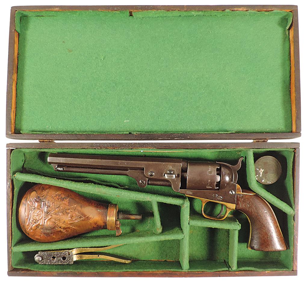 Samuel Colt, .36 Cal single action, Percussion Revolver,: Firearm, Percussion Revolver, .36 Cal single action, stamped Samuel Colt, Colts Patent, .36 Cal & Serial No. 170686, contained in a wood case w/fitted divisions & includes a Civil War period embossed 