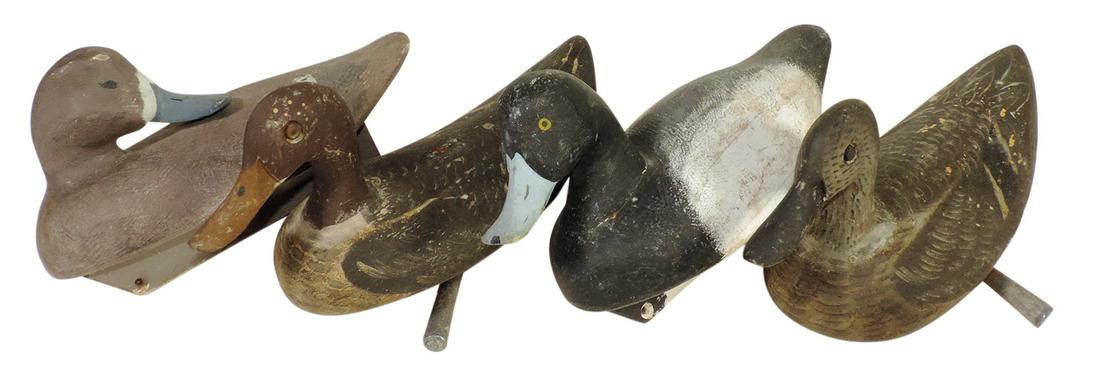 Duck Decoys (4), carved wood matching drake & hen w/carved bills, intaglio eyes & pendant weights &: Duck Decoys (4), carved wood matching drake & hen w/carved bills, intaglio eyes & pendant weights & pr matching blue bill Canvasbacks w/keel boards attrib to Bob Stiers-Canada, VG cond, largest 14"L.
