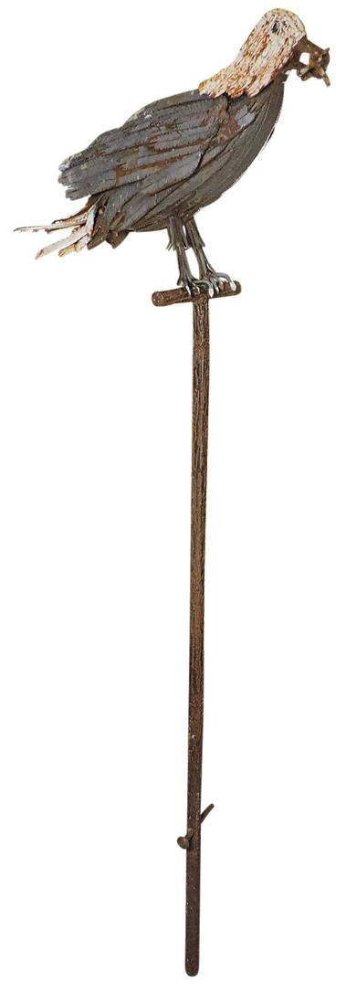 Garden Art, folk art life-size eagle figure on perch, welded iron flat bar w/cut & incised: Garden Art, folk art life-size eagle figure on perch, welded iron flat bar w/cut & incised feathering detail, shown w/mouse in beak, Good+ cond w/weathering & oxidation, 14"H x 29"W (height w/rod 78")