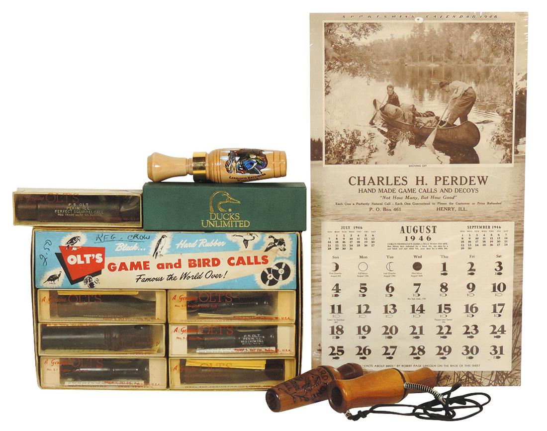 Hunting Game Calls & Calendar Page (11), 7 NOS Olt's calls, 2 Mallard, 3 Crow, regular & perfect: Hunting Game Calls & Calendar Page (11), 7 NOS Olt's calls, 2 Mallard, 3 Crow, regular & perfect Squirrel, (6 contained in orig counter box display), plus Ducks Unlimited, Mallardtone Goose 2-pc set &