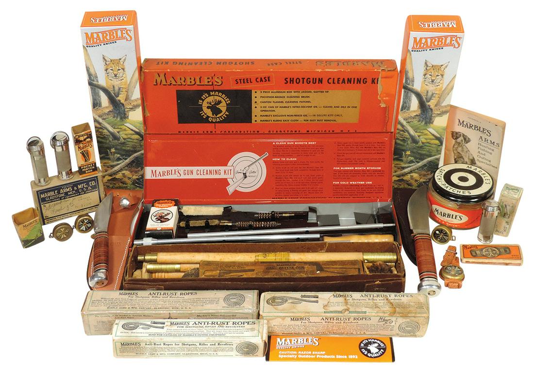 Hunting Knives, etc. (15), Marble's Arms & Mfg., 2 NIB leather-handled hunting knives, 2 metal cased: Hunting Knives, etc. (15), Marble's Arms & Mfg., 2 NIB leather-handled hunting knives, 2 metal cased cleaning kits, 4 boxed anti-rust ropes, 3 pocket match boxes & coat compasses plus other items, VG