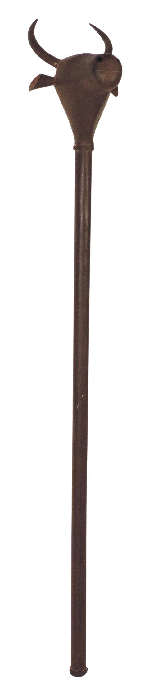 Weapon, Persian Bull's Head Mace, 19th C. wrought iron w/elongated ears, horns & pierced nostrils, a: Weapon, Persian Bull's Head Mace, 19th C. wrought iron w/elongated ears, horns & pierced nostrils, a symbol of power, Exc cond w/nice natural patina, 30"L.