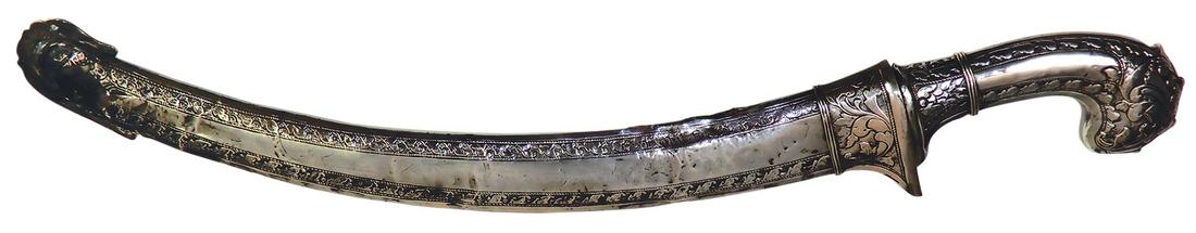 Knife, Silver Khanjar, Indian-Anglo Dagger, 19th C., silver repousse grip on curved blade in: Knife, Silver Khanjar, Indian-Anglo Dagger, 19th C., silver repousse grip on curved blade in conforming wood sheath w/silver repousse overlay, unmarked, Good+ cond w/wear & small partial overlay loss 