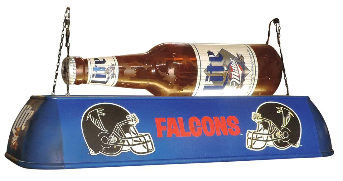 Breweriana Pool Table Light, Miller Lite molded plastic w/large product bottle & w/Atlanta Falcons: Breweriana Pool Table Light, Miller Lite molded plastic w/large product bottle & w/Atlanta Falcons branding, VG working cond, 15"H x 41"W x 17"D.