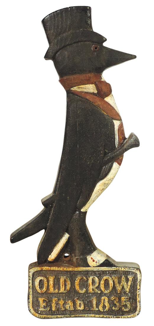 Breweriana Old Crow Figure, heavy flat-cast trademark figure, painted cast iron, VG cond, 21.5"H x: Breweriana Old Crow Figure, heavy flat-cast trademark figure, painted cast iron, VG cond, 21.5"H x 9"W.