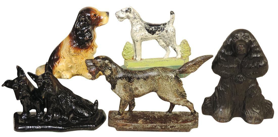 Cast Iron Doorstops (5), all Dogs incl Cocker Spaniel Wedge, Metal Masters Dream Boy, Pal Terrier: Cast Iron Doorstops (5), all Dogs incl Cocker Spaniel Wedge, Metal Masters Dream Boy, Pal Terrier w/Bushes & National Foundry Bird Dog, VG to Exc cond, largest 9"H.