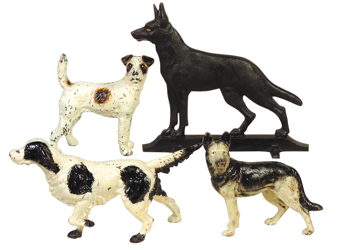 Cast Iron Doorstops (4), all Dogs incl Hubley Setter & Knowlton Machine Co. flat casting, VG to Exc: Cast Iron Doorstops (4), all Dogs incl Hubley Setter & Knowlton Machine Co. flat casting, VG to Exc cond, largest 12.5"H.