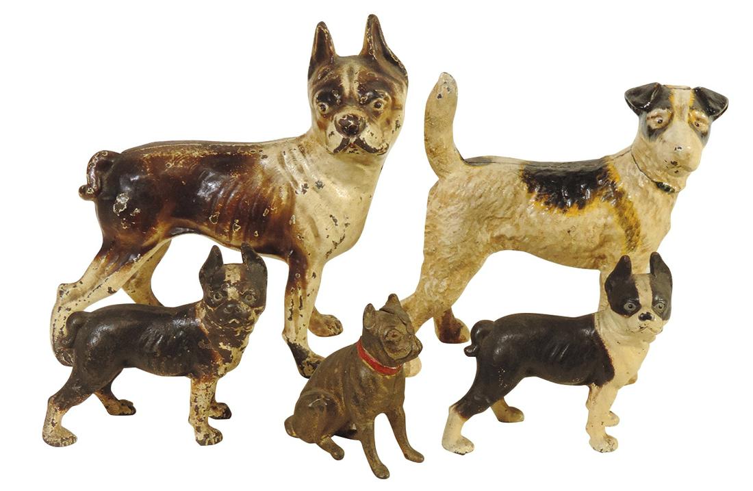 Cast Iron Dog Figures (5), Hubley Bulldog & Terrier doorstops, 2 iron Bulldog still banks & seated: Cast Iron Dog Figures (5), Hubley Bulldog & Terrier doorstops, 2 iron Bulldog still banks & seated Bulldog bank, Good+ to VG+ cond w/orig paint, largest 9.75"H.