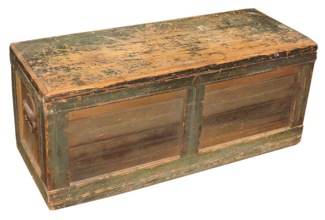 Primitive Carpenter's Chest, pine w/beadboard panels, breadboard top & remnants of dk green paint,: Primitive Carpenter's Chest, pine w/beadboard panels, breadboard top & remnants of dk green paint, Good cond, 15.5"H x 35.5"W x 14"D.