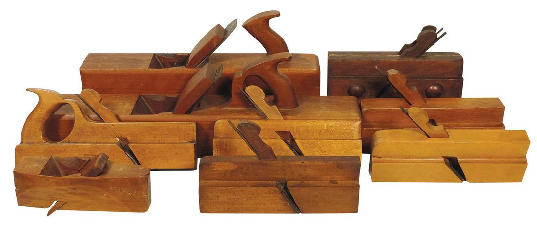 Tools (9), wood planes, incl matched maple jointer & jack by John Moseley & Son-London, J.L.V.H.: Tools (9), wood planes, incl matched maple jointer & jack by John Moseley & Son-London, J.L.V.H. adjustable & others incl smoothing, molding & rabbit by various makers, VG to Exc cond, largest 22"L.