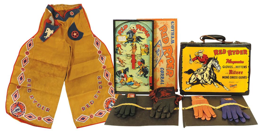 Western Character (3), Red Ryder Playmates fiberboard travel case w/3 pair unused gloves, Corral: Western Character (3), Red Ryder Playmates fiberboard travel case w/3 pair unused gloves, Corral game by Gotham & pr printed cloth chaps w/attached holster & later Hubley cap gun, VG to Exc cond, larg
