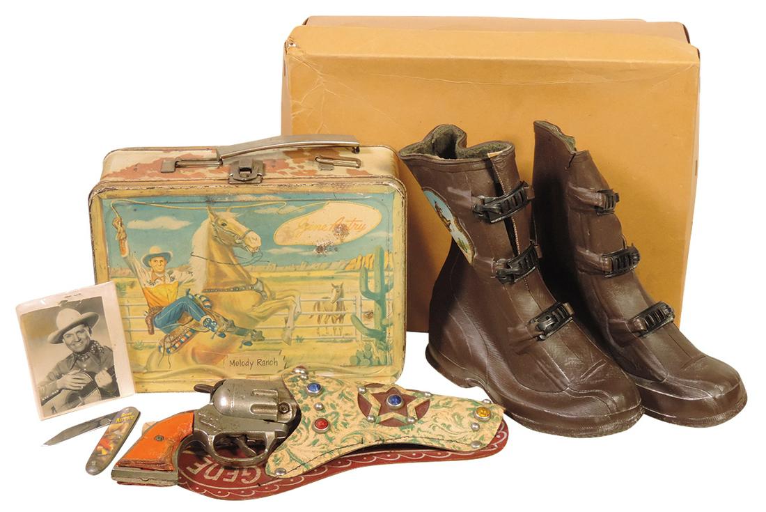 Western Character (6), Gene Autry pr of brown rubber overshoes, Near Mint cond in orig box, studded: Western Character (6), Gene Autry pr of brown rubber overshoes, Near Mint cond in orig box (bottom only), studded holster w/cast iron cap gun, lunch box, pocket knife & membership card w/photo, Good t